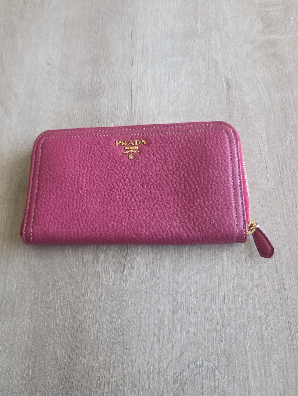 Authentic PRADA Pink Vitello Daino Pebbled Leather Zip-Around Long Wallet